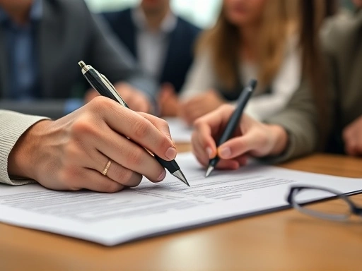 Close-up of hands signing a startup equity agreement, with a pen, contract, and blurred background of team members, emphasizing legal aspects and commitment. Keywords: equity, agreement, signing, contract, legal, commitment, startup, close-up.