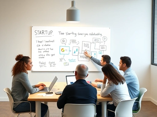 A diverse group of startup founders collaborating around a table, brainstorming ideas with laptops and whiteboards. The scene is energetic and focused, highlighting teamwork and diverse skill sets.