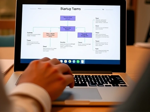 A close-up of hands typing on a laptop with a visible organizational chart or mind map on the screen, illustrating clear role division and strategic planning within a startup team setting.