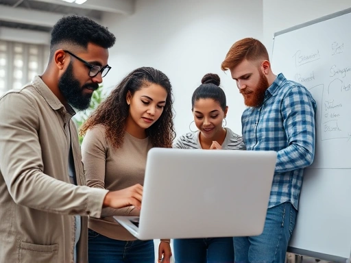 A close-up shot of a diverse startup team collaborating intensely on a laptop and whiteboard, illustrating teamwork and focused problem-solving in an innovative workspace.