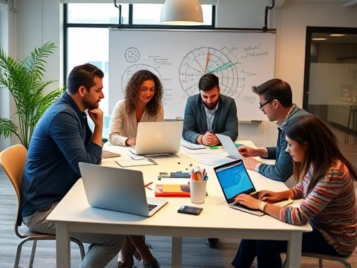 A diverse startup team collaborating intensely around a table, with laptops, whiteboards, and energetic discussion, symbolizing synergy and problem-solving, with a focus on teamwork and innovation in a modern office environment.