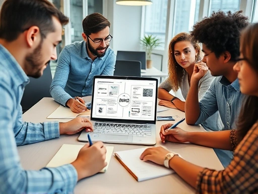 A close-up shot of a diverse startup team collaborating around a table, actively engaged in a discussion with pens and notebooks, with a laptop displaying a business model canvas, emphasizing teamwork, strategy, and problem-solving in startup execution. Focus on hands and expressions, modern office setting, dynamic composition.