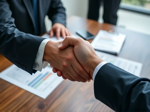 Close-up shot of two business professionals shaking hands over a table with business documents, emphasizing trust and agreement in a strategic partnership. Focus on the hands and a subtle background of meeting room.