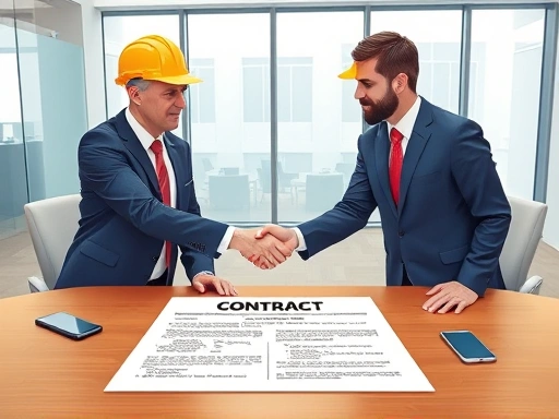A professional illustration of two business parties, a prime contractor and a subcontractor, shaking hands over a large, detailed contract document on a table in a modern office, symbolizing fair and compliant subcontracting agreement. The scene emphasizes collaboration and legal adherence, with keywords like 