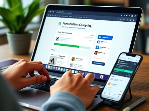 Close-up of hands typing on a laptop, displaying a crowdfunding campaign page with progress bar and engaging content, a smartphone nearby showing social media promotion, focus on execution and digital interaction, vivid.