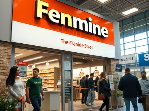 A close-up shot of a successful, bustling franchise store opening, showing happy customers and prominent brand signage, emphasizing growth and community, with specific attention to detail on the inviting store front.