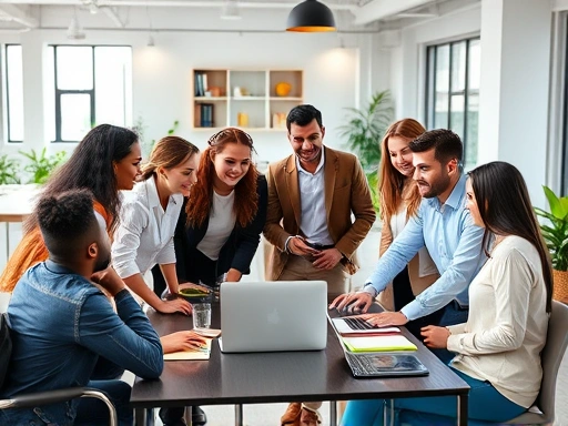 A diverse group of professionals collaborating seamlessly in a modern, flexible office space with a mix of in-person and virtual interactions, reflecting a successful hybrid work model. Bright, energetic, and professional. Focus on diverse team.