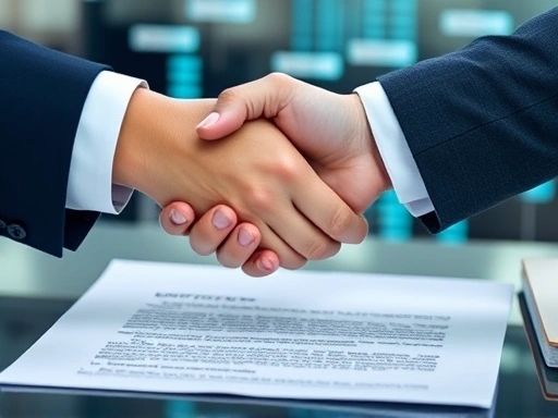 Two hands shaking over a contract with a blurred background of abstract data flow, symbolizing the intersection of trade secret protection and non-compete agreements in business, professional, clean light.