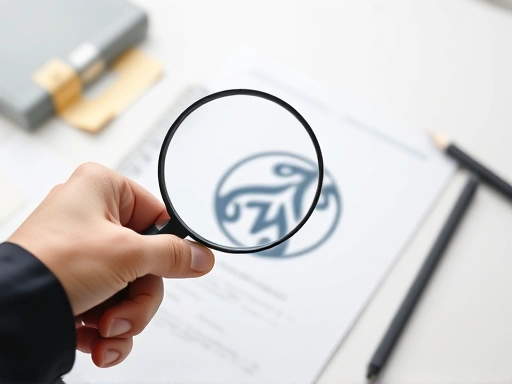 A professional hand holding a magnifying glass over a stylized, abstract logo on a clean white desk with blurred legal documents, symbolizing the meticulous process of trademark application and brand protection strategy. The scene conveys precision and security.