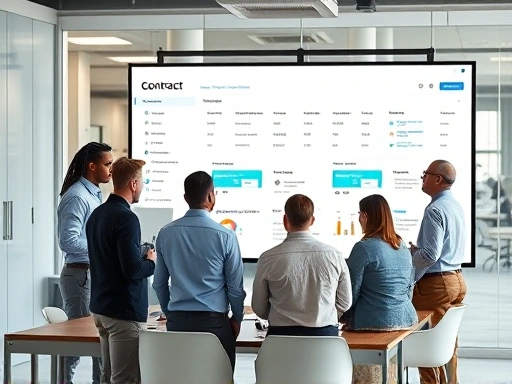 A modern office setting with diverse professionals collaborating around a large screen displaying a contract management dashboard, showing streamlined workflows and digital documents, representing efficiency and organization in vendor contract management.