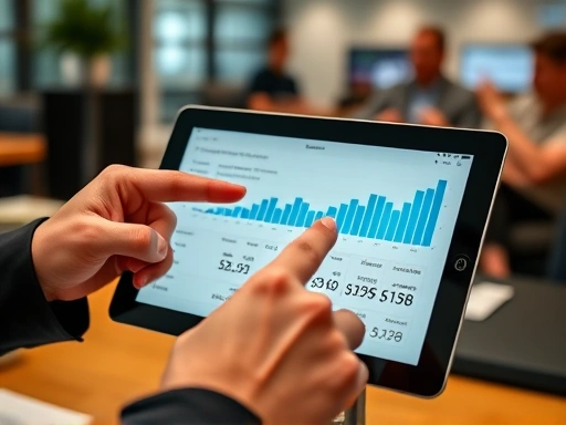 Close-up of a hand pointing at key metrics on a tablet screen during a business presentation, showing a detailed financial model and growth projections for a startup, with a blurred background of a venture capital office, focusing on data and precision.