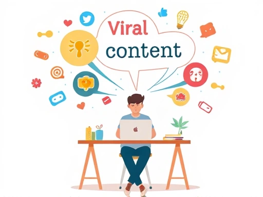 A creative person sitting at a desk with a laptop, brainstorming viral content ideas, surrounded by colorful thought bubbles and social media icons, symbolizing innovation and strategy.