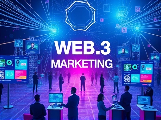 A futuristic digital marketing scene, blending blockchain elements, decentralized networks, and vibrant online communities, with people interacting with holographic interfaces and digital assets, symbolizing the shift to Web 3.0 marketing.