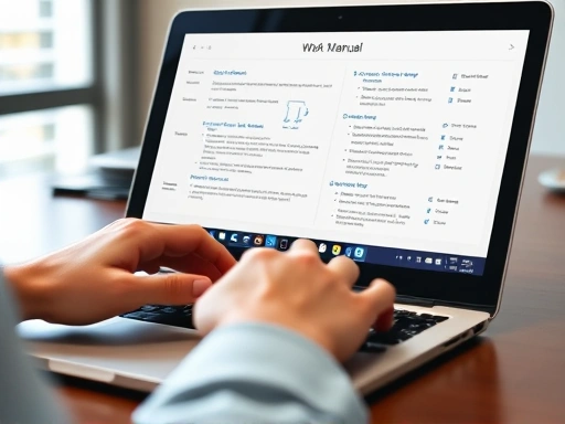 A close-up shot of hands typing on a laptop, with a detailed flowchart and checklist on the screen, illustrating the practical steps of creating a work manual.