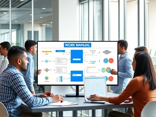 A diverse team collaborating and discussing in a modern office, creating documents and flowcharts on a large screen, symbolizing work manual creation and standardization.