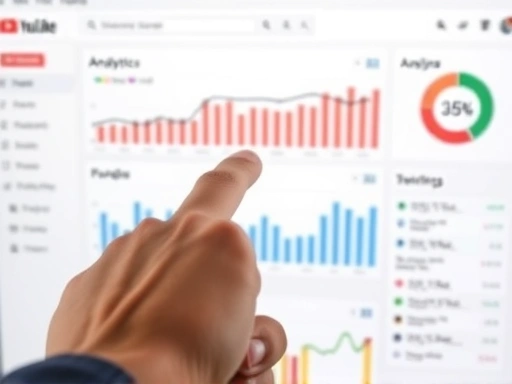 Close-up of a hand pointing to a YouTube channel's analytics dashboard, showing graphs and key performance indicators, emphasizing data analysis.