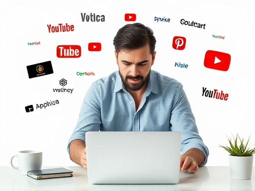 A professional marketer analyzing YouTube analytics on a laptop, surrounded by brand logos and video play icons, conveying growth and strategy.
