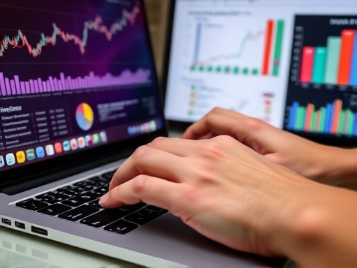 Close-up of hands typing on a laptop keyboard, with graphs and product listings visible on the screen, representing detailed data analysis and active management of an online global selling business. A small currency symbol is subtly incorporated into the screen display.