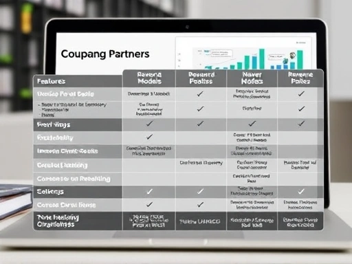 A detailed comparison table showing the features, revenue models, and pros/cons of Coupang Partners versus Naver Shopping, set against a backdrop of a laptop with charts and graphs, representing online income analysis. Focus on clarity and visual presentation.