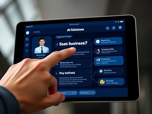 Close-up of a hand pointing at a tablet displaying a sophisticated AI chatbot interface, illustrating key features for a SaaS business, with a focus on user interaction.