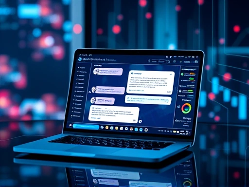 A futuristic AI chatbot interface on a laptop screen, with user interacting with it, reflecting a seamless SaaS business experience, surrounded by glowing data lines.