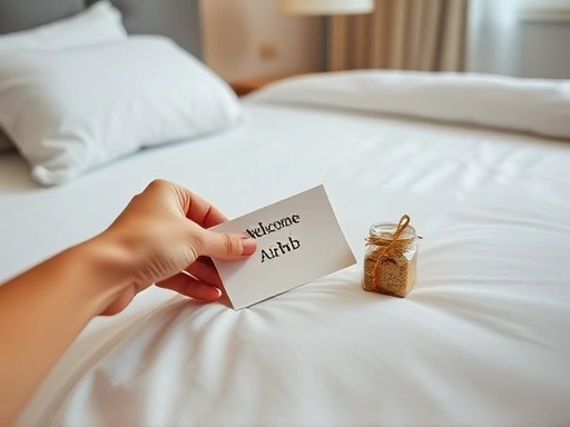 A close-up shot of a hand placing a welcome note and a small local gift on a neatly made bed in an Airbnb room, highlighting the personal touches and guest experience that contribute to a successful hosting business.
