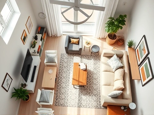 A detailed top-down view of a stylish and clean Airbnb rental property living room, ready for guests, featuring modern decor, a comfortable sofa, and bright lighting, emphasizing a welcoming atmosphere for potential hosts to generate income.
