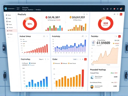 A detailed top-down view of a modern e-commerce dashboard with various charts and graphs, showing product listings and order management, reflecting AliExpress dropshipping. The scene is brightly lit, clean, and futuristic, with SEO keywords like 'e-commerce dashboard', 'order management', 'product listings'.