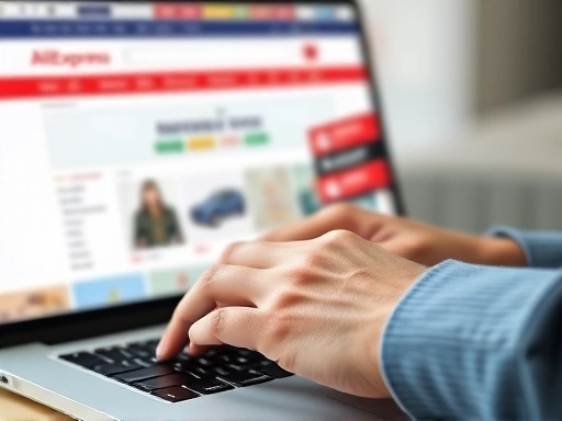 A close-up shot of hands typing on a laptop keyboard, with a blurred AliExpress website and a dropshipping app interface (like DSers) visible on the screen, indicating active product sourcing and store management. Focus on the hands and screen, with SEO keywords like 'dropshipping app', 'product sourcing', 'store management'.
