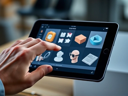 Close-up of a hand interacting with a tablet, displaying different AR filter design elements and 3D models, symbolizing the detailed creation process.