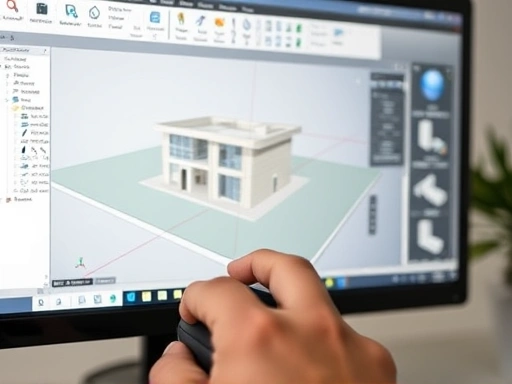 A close-up shot of architectural 3D modeling software interface (like SketchUp or Revit) on a screen, displaying a detailed building model and various tools, with a hand holding a mouse, illustrating the practical aspect of 3D drafting for freelance work.