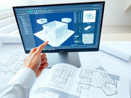 A professional architect's hand operating a 3D modeling software on a large monitor, surrounded by architectural blueprints, symbolizing detailed architectural drafting for a side job. The scene is bright and organized, emphasizing precision and expertise.