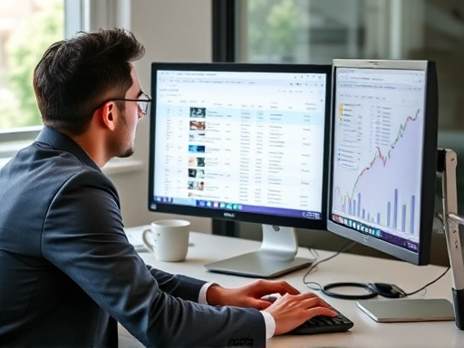 A professional setting with a person looking at auction listings on a computer, showcasing diligence and expertise for an auction bidding proxy service.