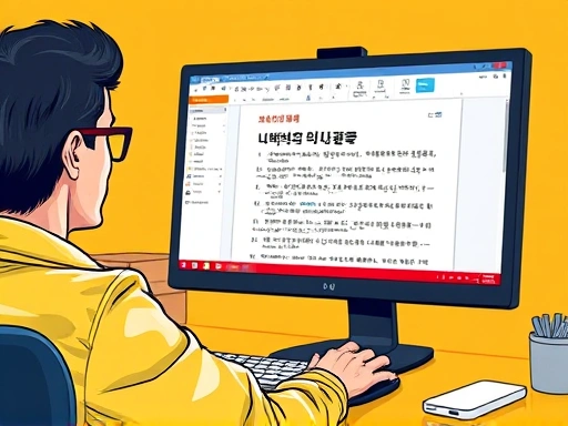 A detailed illustration showing a person using Bingle Editor on a computer screen, with an open foreign language document being translated into Korean, showcasing ease of use and content flow, professional setting, bright colors.