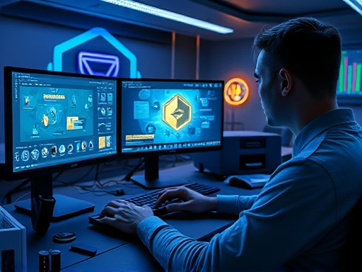 A detailed digital workspace scene with a person designing 3D blockchain game items, featuring futuristic screens, design software, and a glowing cryptocurrency symbol in the background, with a focus on creativity and technology.