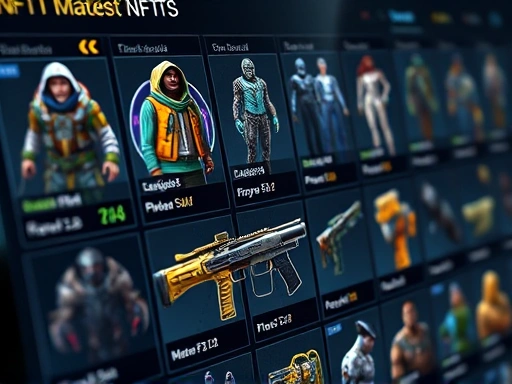 A close-up shot of various blockchain game items, such as unique character skins, futuristic weapons, and virtual accessories, displayed as NFTs on a digital marketplace interface, emphasizing their detailed design and scarcity.