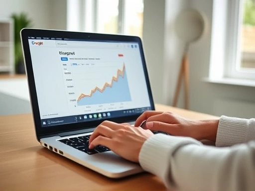 A person excitedly typing on a laptop with a Google Blogspot interface open, showing a graph of rising AdSense earnings in the background. Focus on the enthusiastic blogger. Clean desk, natural light, modern workspace, success, content creation.