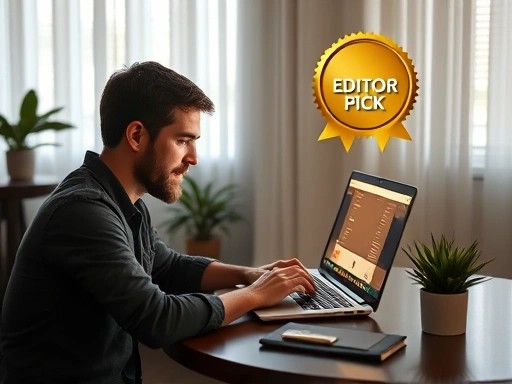A writer sitting at a laptop, focused on creating compelling content for a blog, with a golden light shining on the screen, symbolizing an editor's pick and success. Keywords: writing, blog, editor pick, success, laptop, creative.