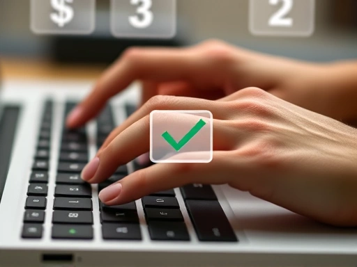 Close-up of hands typing on a keyboard, with a subtle overlay of currency symbols and a checkmark, illustrating the process of earning manuscript fees through writing. Keywords: manuscript fees, typing, earning, writing, payment, digital content.