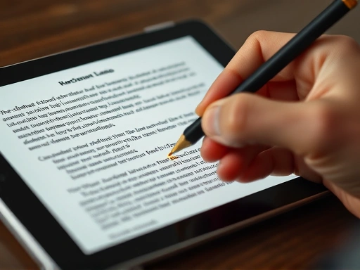 A close-up shot of a hand highlighting text on a digital tablet with a stylus, demonstrating the process of a brunch writer refining their work for manuscript fees, emphasizing detail and precision.