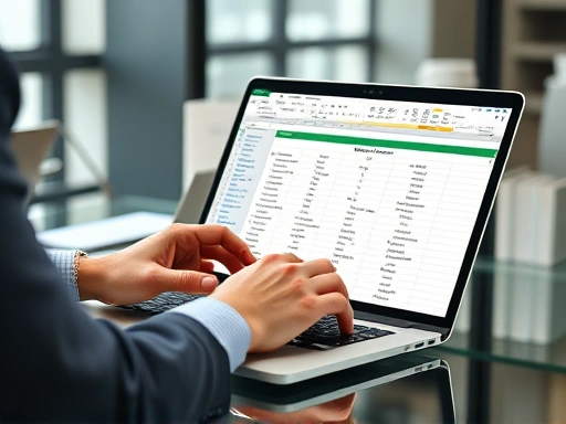 A professional business setting, a person working efficiently on a laptop with an Excel spreadsheet open, symbolizing workflow automation and productivity. Focus on the user and their streamlined tasks. Keywords: Excel macro, workflow, automation, efficiency, productivity.