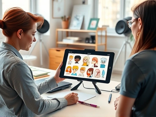 An illustrator presenting a professional digital portfolio on a tablet to a potential client in a modern, brightly lit studio, showing various character designs with different styles and emotions, representing the start of a commission. Visual elements include a neat workspace, digital art tools, and a focused conversation.