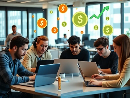 A diverse group of developers collaborating on laptops, discussing monetization strategies for Chrome extensions, with digital icons representing money and growth floating around them, in a modern tech office setting.