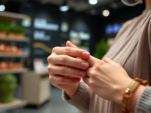 Close-up shot of a live shopping host's hands interacting with a product, showing detail and texture, with a blurred background of a modern live commerce studio, focus on product presentation skills.