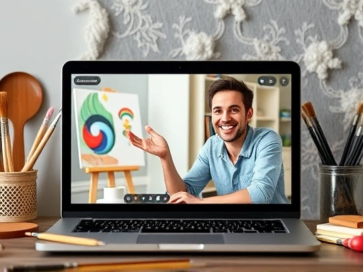 A person passionately teaching an online hobby class (e.g., painting, coding, baking) on a laptop screen, with a bright, encouraging expression, surrounded by creative tools, symbolizing the joy of sharing skills on Class101.