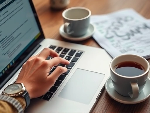 Close-up of hands typing on a laptop keyboard, designing a Class101 course curriculum, with a cup of coffee and a sketchbook, representing the detailed planning and content creation process for an online hobby class instructor.