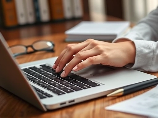 A close-up shot of hands typing on a laptop keyboard, with blurred legal books, glasses, and a pen on a wooden desk, highlighting the detail and precision involved in legal document preparation. SEO keywords: legal documents, typing, research, precise work, legal support.