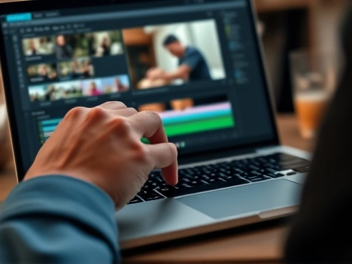 A close-up shot of hands skillfully navigating video editing software on a laptop, with a focus on the timeline and short-form video clips, emphasizing precision and efficiency.
