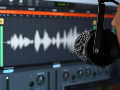 Detailed view of an audio editing software interface with a microphone and sound waves visible, illustrating noise reduction and sound leveling processes, for Clubhouse recording.