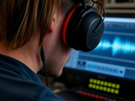 Close-up of a person wearing professional headphones and using audio editing software on a computer, with a clear interface showing waveforms and sound controls, representing a Clubhouse audio editing expert.